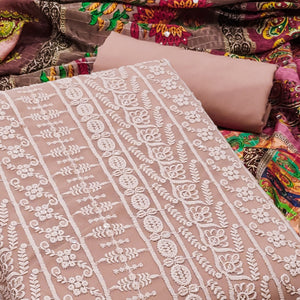 Coffee Brown Floral Chikankari Work Georgette Dress Material