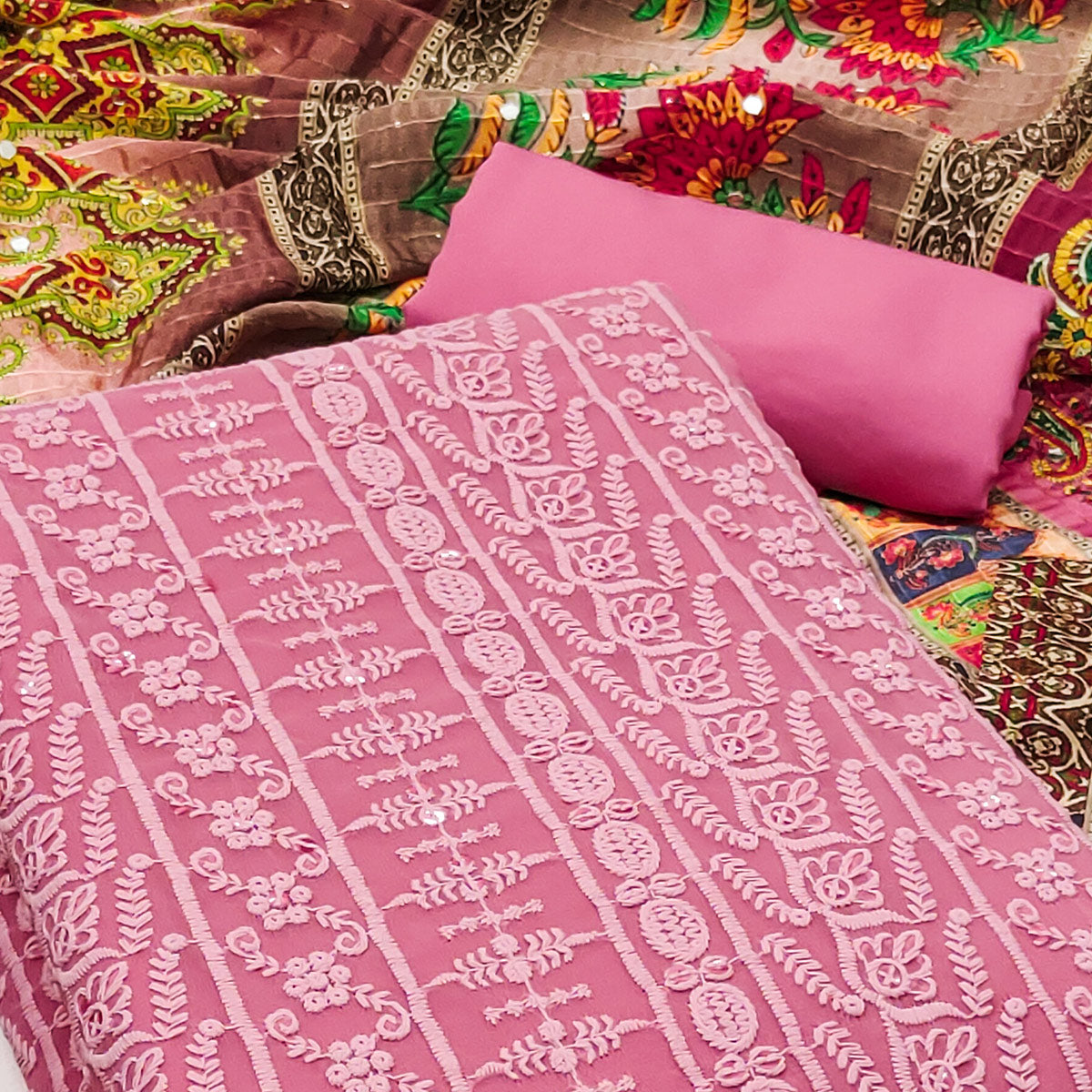 Pink Floral Chikankari Work Georgette Dress Material