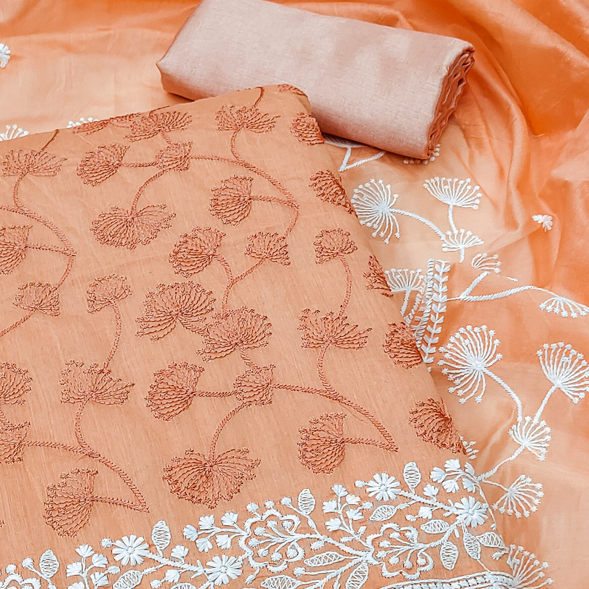 Peach Floral Embroidered Chanderi Dress Material