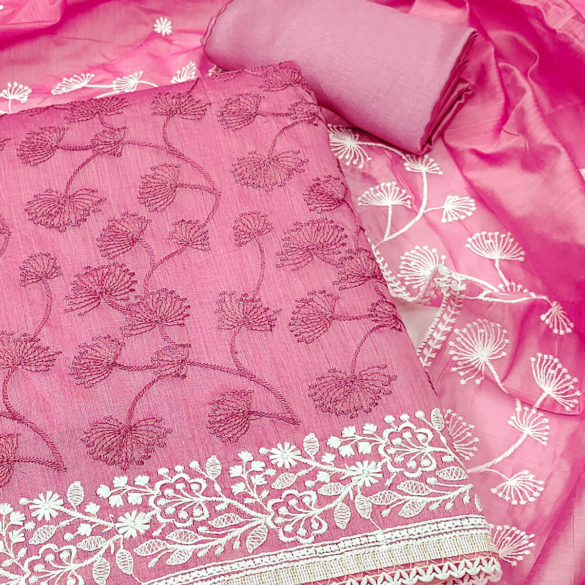 Pink Floral Embroidered Chanderi Dress Material