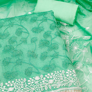 Sea Green Floral Embroidered Chanderi Dress Material