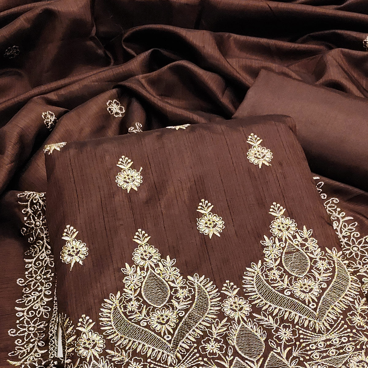 Brown Floral Embroidered Cotton Blend Dress Material