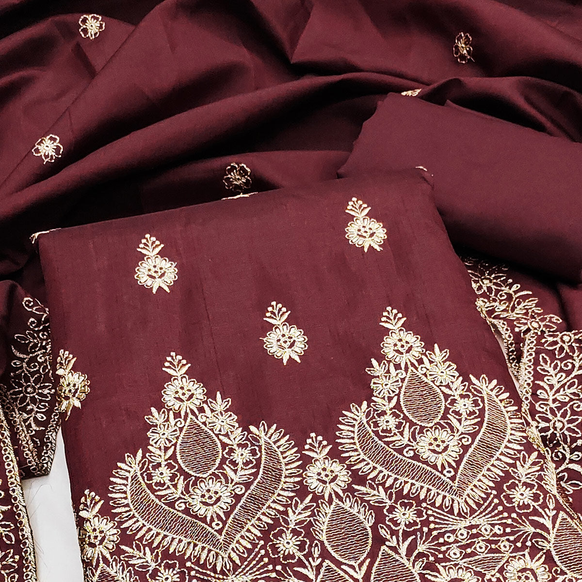 Maroon Floral Embroidered Cotton Blend Dress Material