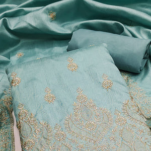 Turquoise Floral Embroidered Cotton Blend Dress Material