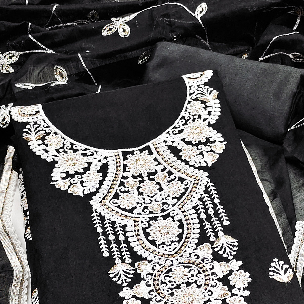 Black Floral Embroidered Chanderi Dress Material