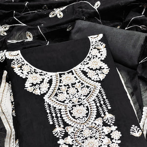 Black Floral Embroidered Chanderi Dress Material