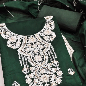 Bottle Green Floral Embroidered Chanderi Dress Material