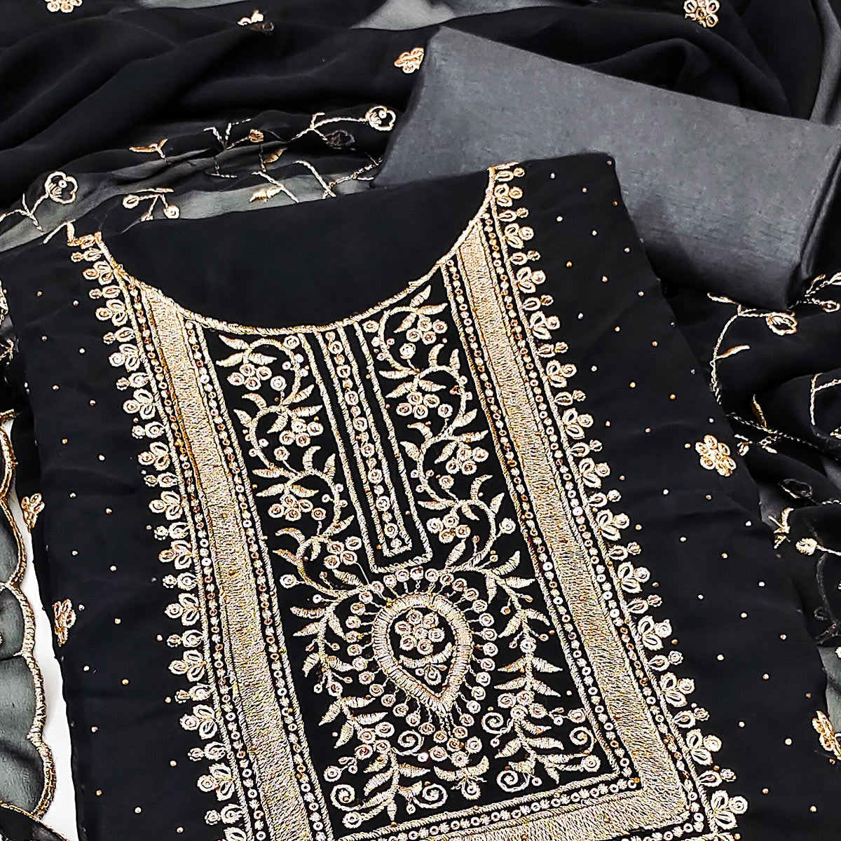 Black Floral Embroidery With Stonework Georgette Dress Material
