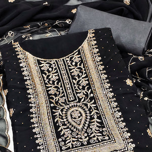 Black Floral Embroidery With Stonework Georgette Dress Material