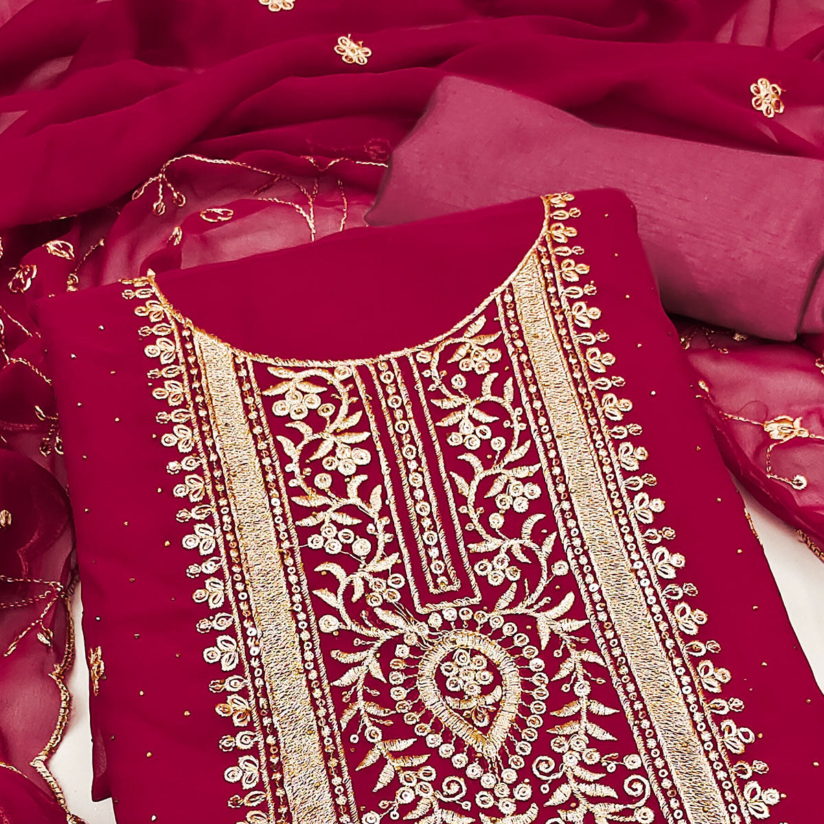 Maroon Floral Embroidery With Stonework Georgette Dress Material