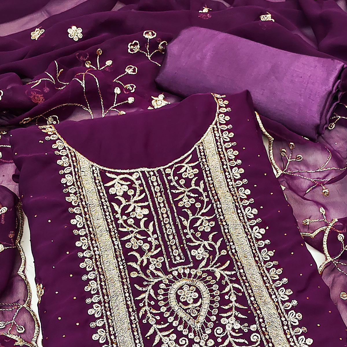 Purple Floral Embroidery With Stonework Georgette Dress Material