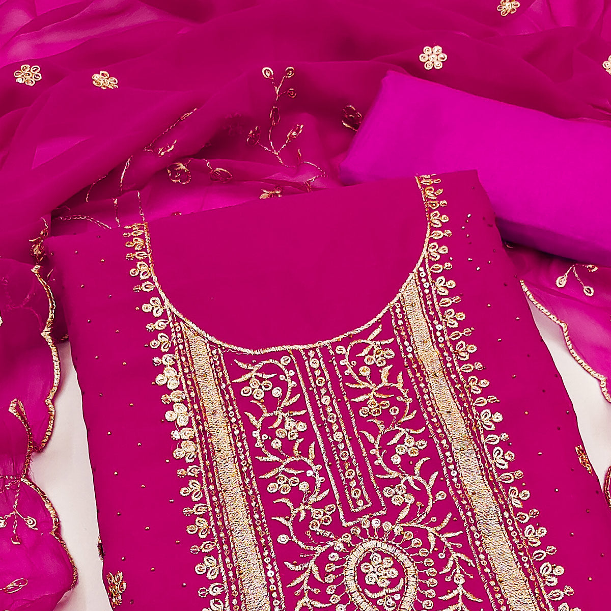 Rani Pink Floral Embroidery With Stonework Georgette Dress Material