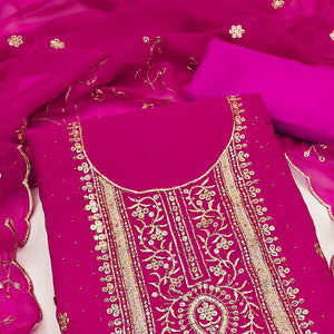 Rani Pink Floral Embroidery With Stonework Georgette Dress Material