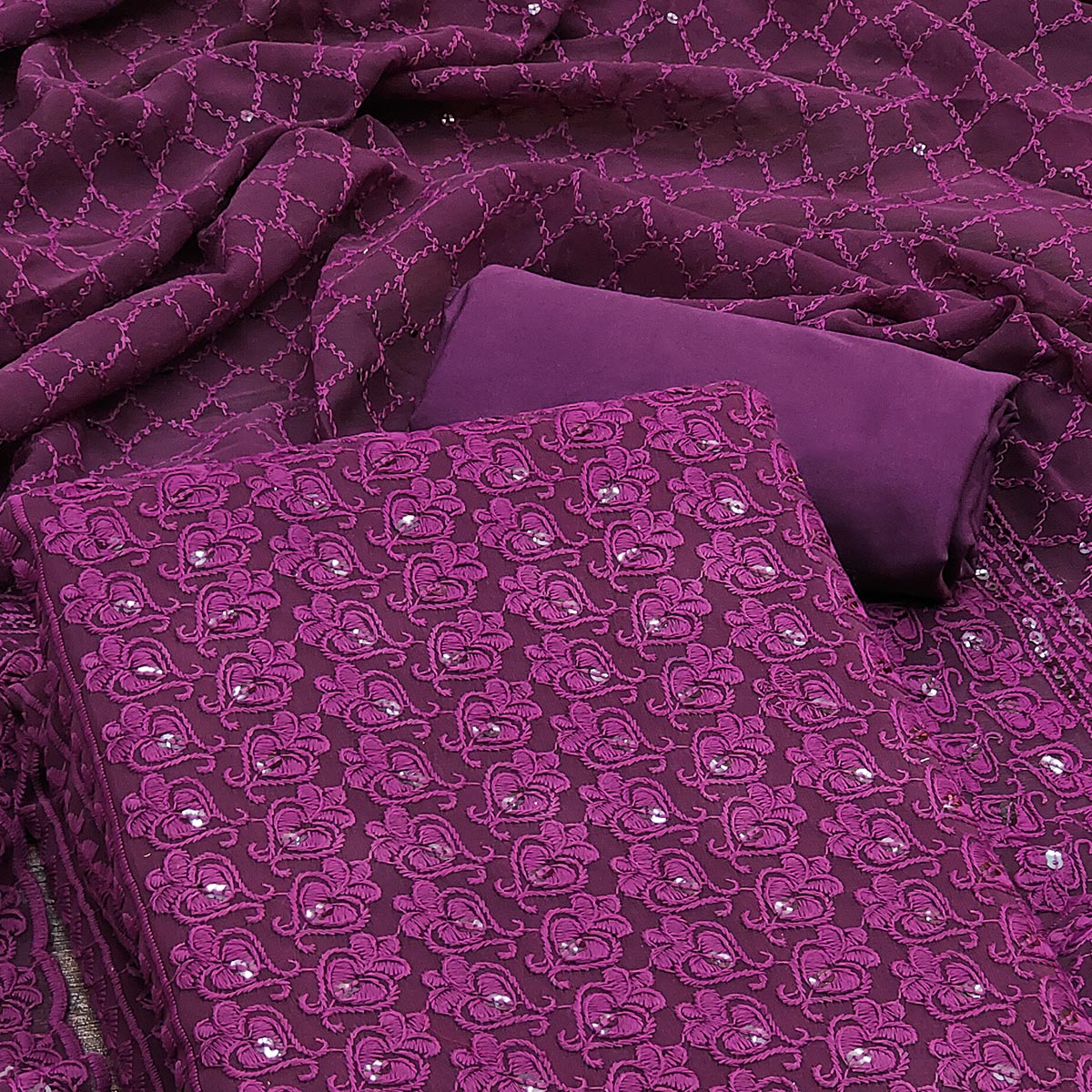 Wine Sequins Embroidered Georgette Dress Material