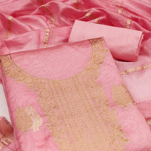 A Mesmerizing Creation Baby Pink Floral Woven Banarasi Jacquard Dress Material