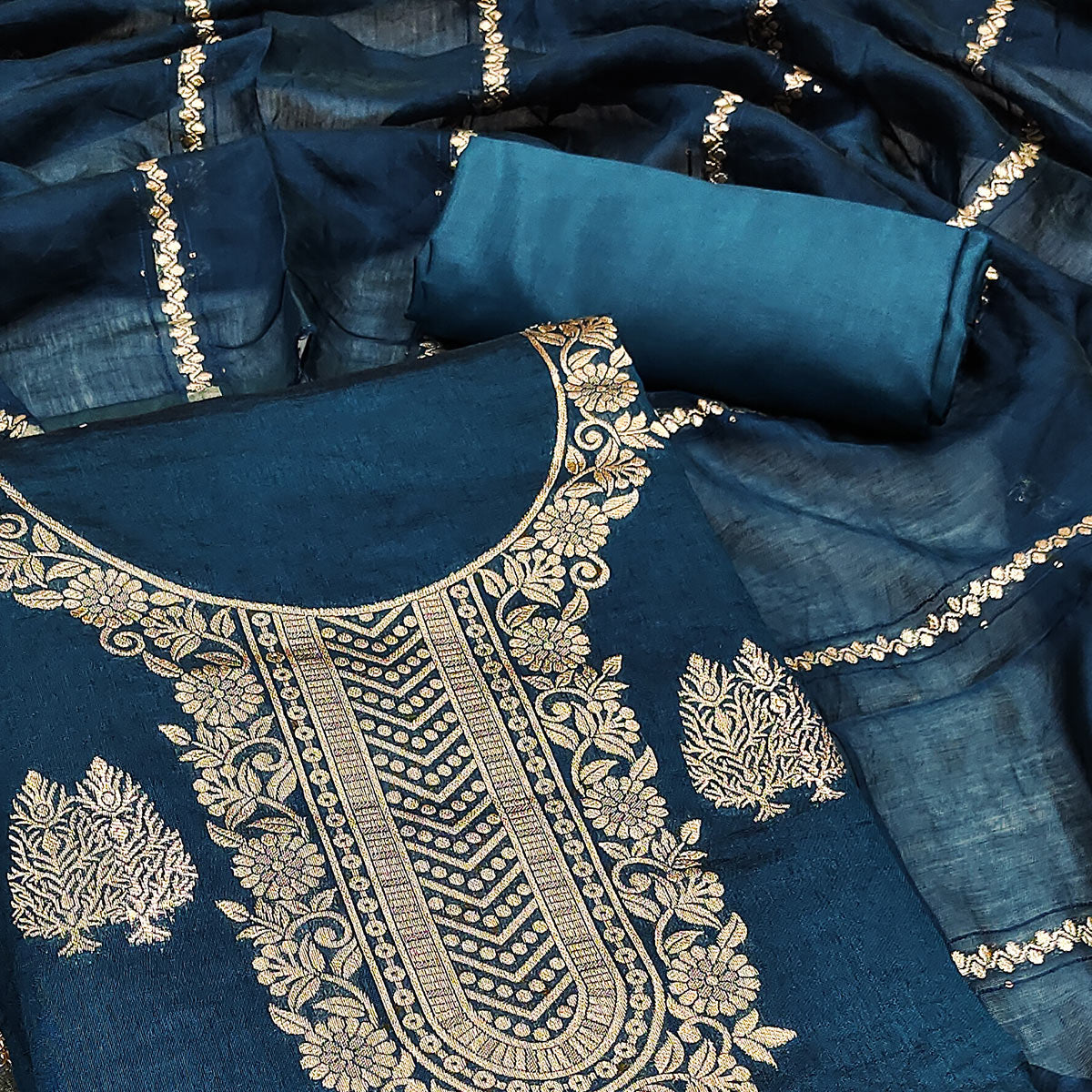 Redefine Elegance with this Blue Floral Woven Banarasi Jacquard Dress Material