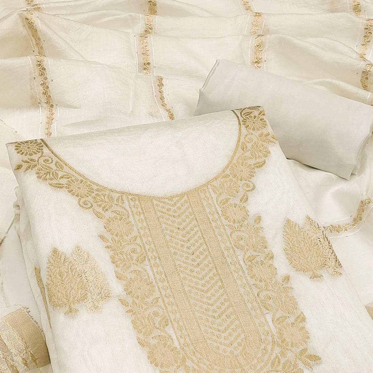 The Perfect Blend of Grace Cream Floral Woven Banarasi Jacquard Dress Material