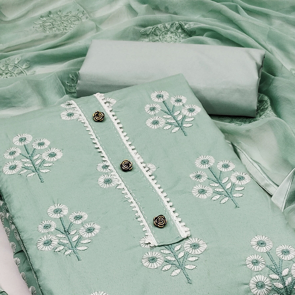 Drape Yourself in Luxury Light Sea Green Floral Thread Embroidered Cotton Blend Dress Material