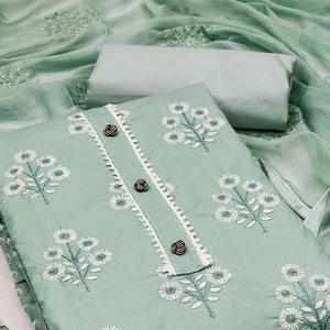 Drape Yourself in Luxury Light Sea Green Floral Thread Embroidered Cotton Blend Dress Material