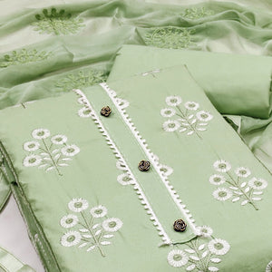 Make a Statement with Pista Green Floral Thread Embroidered Cotton Blend Dress Material