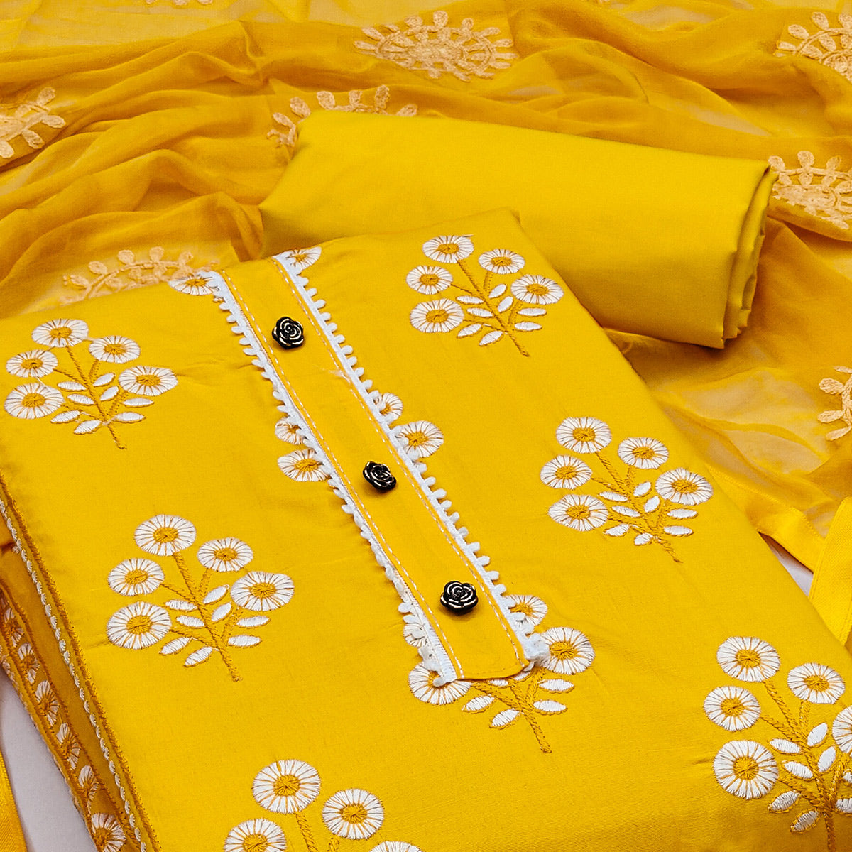 Make a Statement with Yellow Floral Thread Embroidered Cotton Blend Dress Material