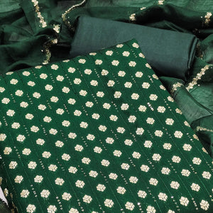 Experience Sheer Luxury Green Floral Woven With Sequins Embroidered Banarasi Jacquard Dress Material