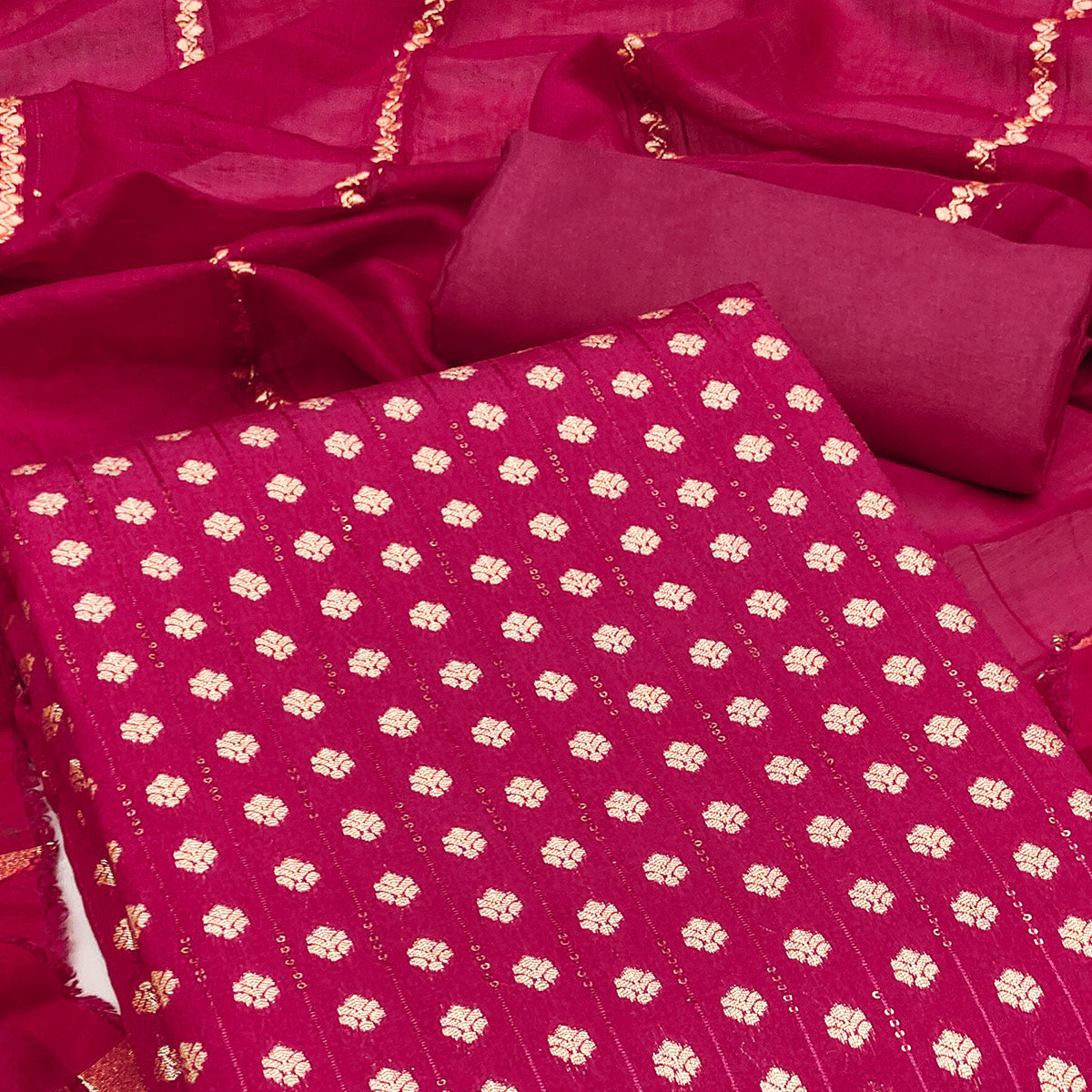 Unleash Your Style with this Rani Pink Floral Woven With Sequins Embroidered Banarasi Jacquard Dress Material