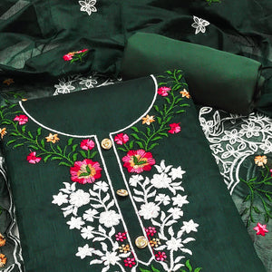 The Perfect Blend of Grace Bottle Green Floral Sequins Embroidered Chanderi Dress Material