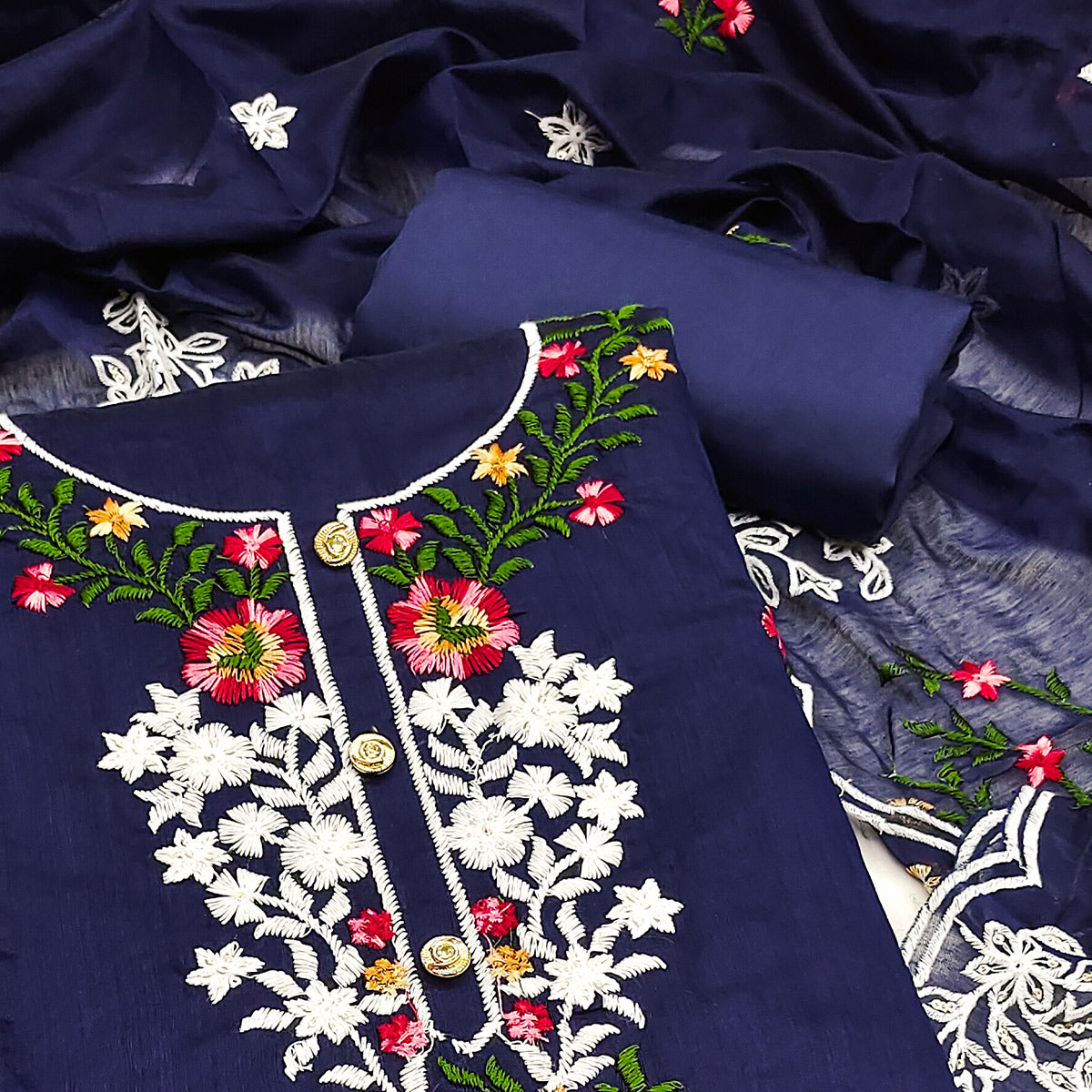 Redefine Elegance with this Navy Blue Floral Sequins Embroidered Chanderi Dress Material