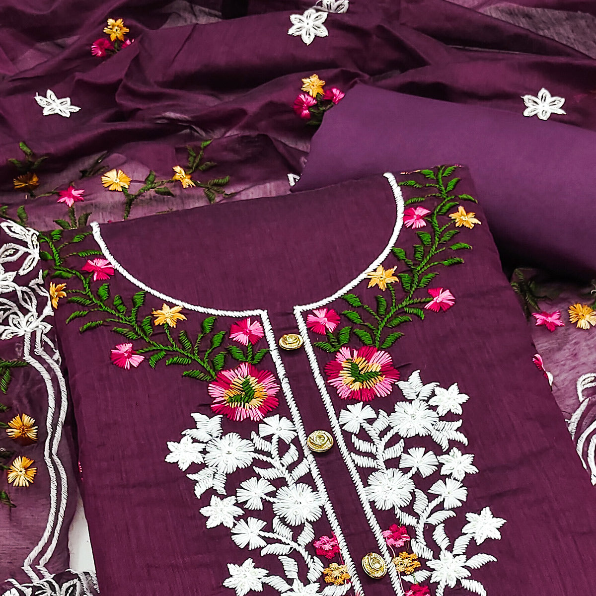 A Timeless Beauty Wine Floral Sequins Embroidered Chanderi Dress Material