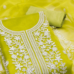 Unleash Your Style With This Green Floral Thread Embroidered Organza Dress Material