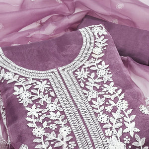An Ethereal Charm Purple Floral Thread Embroidered Organza Dress Material