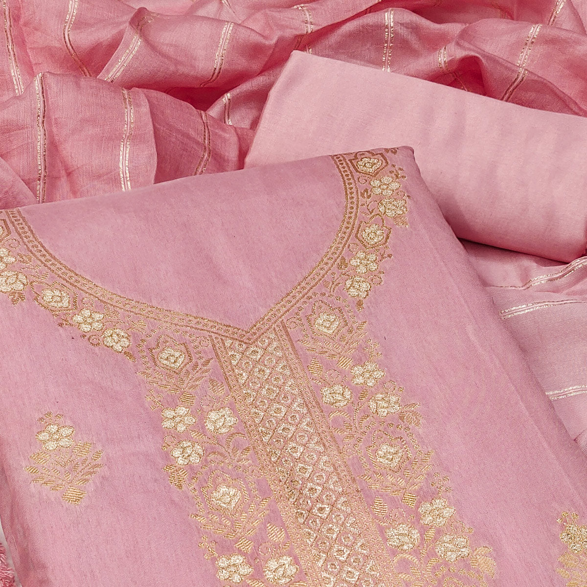 Graceful Baby Pink Banarasi Jacquard Dress Material Adorned With Ornate Zari Floral Weaves