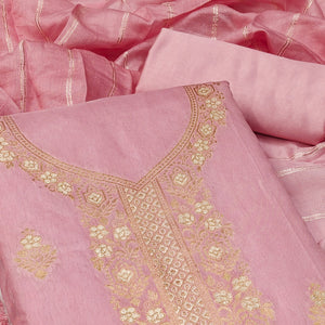 Graceful Baby Pink Banarasi Jacquard Dress Material Adorned With Ornate Zari Floral Weaves