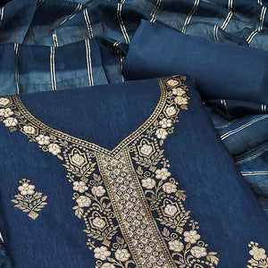 Charming Blue Banarasi Jacquard Dress Material Adorned With Ornate Zari Floral Weaves