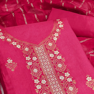 Refreshing Rani Pink Banarasi Jacquard Dress Material Adorned With Ornate Zari Floral Weaves