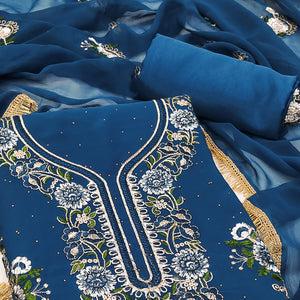 Blue Georgette Dress Material With Exquisite Floral Embroidery & Shimmering Stonework