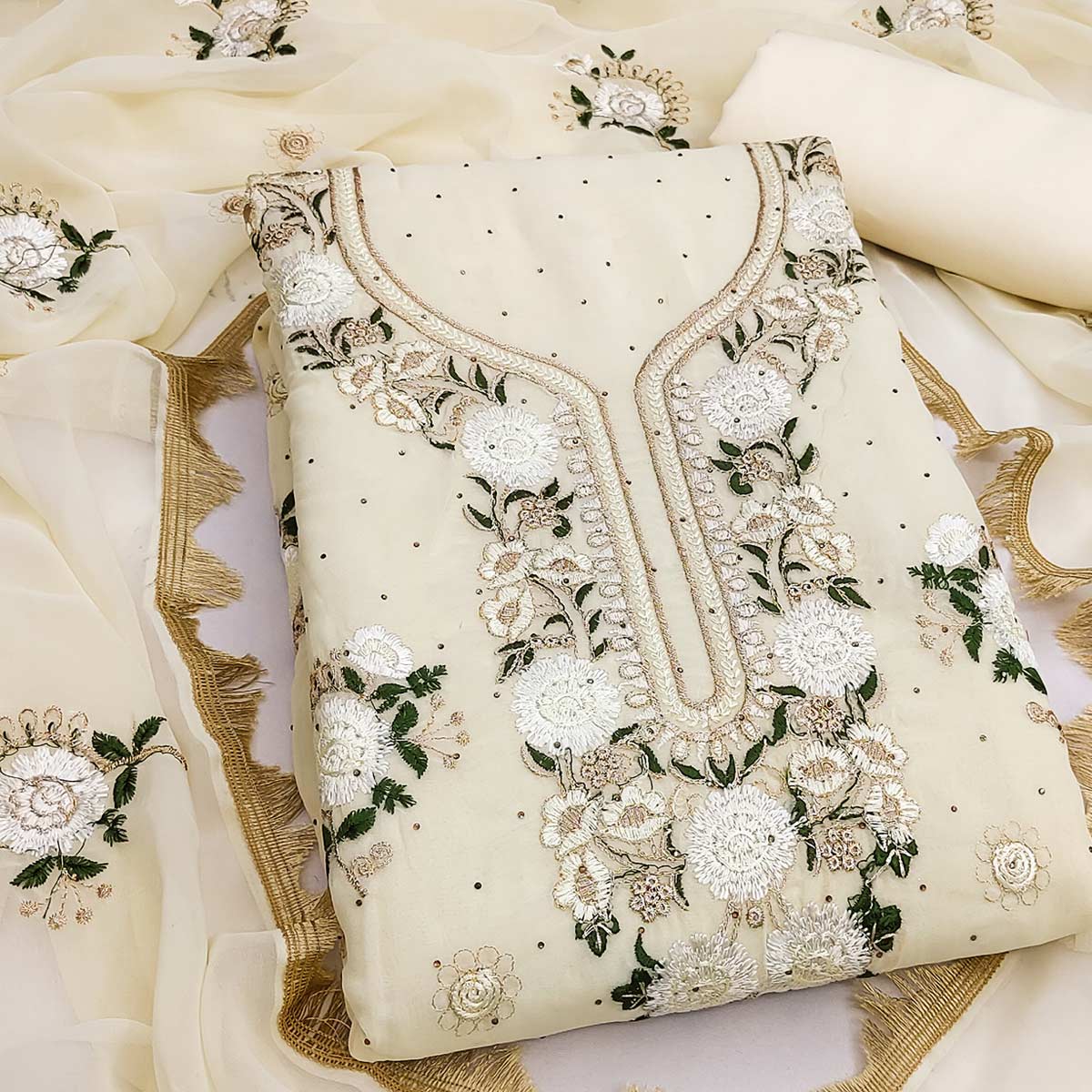 Cream Georgette Dress Material With Exquisite Floral Embroidery & Shimmering Stonework