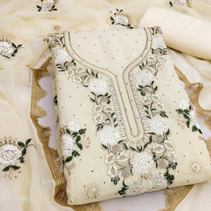 Cream Georgette Dress Material With Exquisite Floral Embroidery & Shimmering Stonework