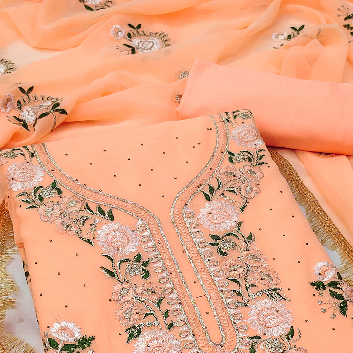 Orange Georgette Dress Material With Exquisite Floral Embroidery & Shimmering Stonework