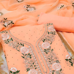 Orange Georgette Dress Material With Exquisite Floral Embroidery & Shimmering Stonework