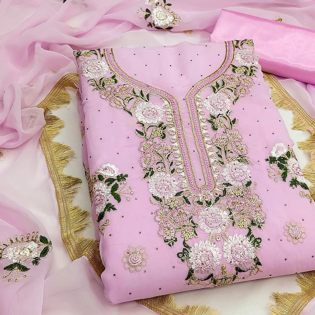 Pink Georgette Dress Material With Exquisite Floral Embroidery & Shimmering Stonework