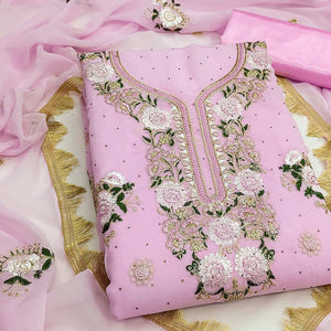 Pink Georgette Dress Material With Exquisite Floral Embroidery & Shimmering Stonework