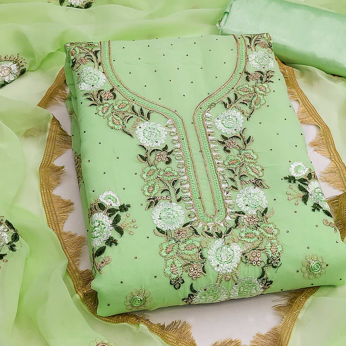 Pista Green Georgette Dress Material With Exquisite Floral Embroidery & Shimmering Stonework