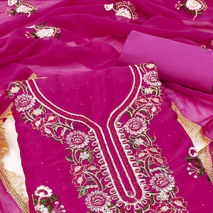 Rani Pink Georgette Dress Material With Exquisite Floral Embroidery & Shimmering Stonework