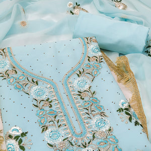Sky Blue Georgette Dress Material With Exquisite Floral Embroidery & Shimmering Stonework