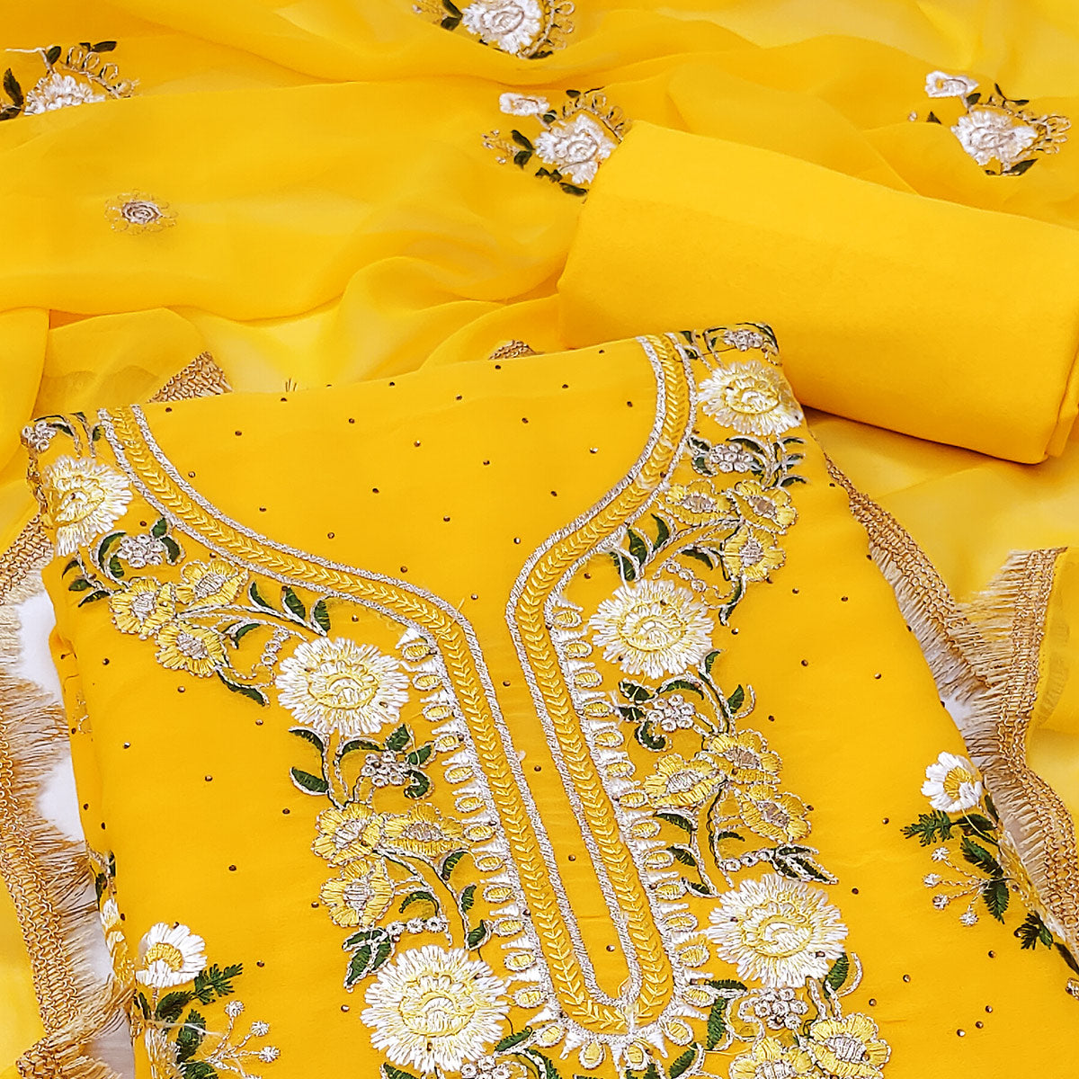 Yellow Georgette Dress Material With Exquisite Floral Embroidery & Shimmering Stonework