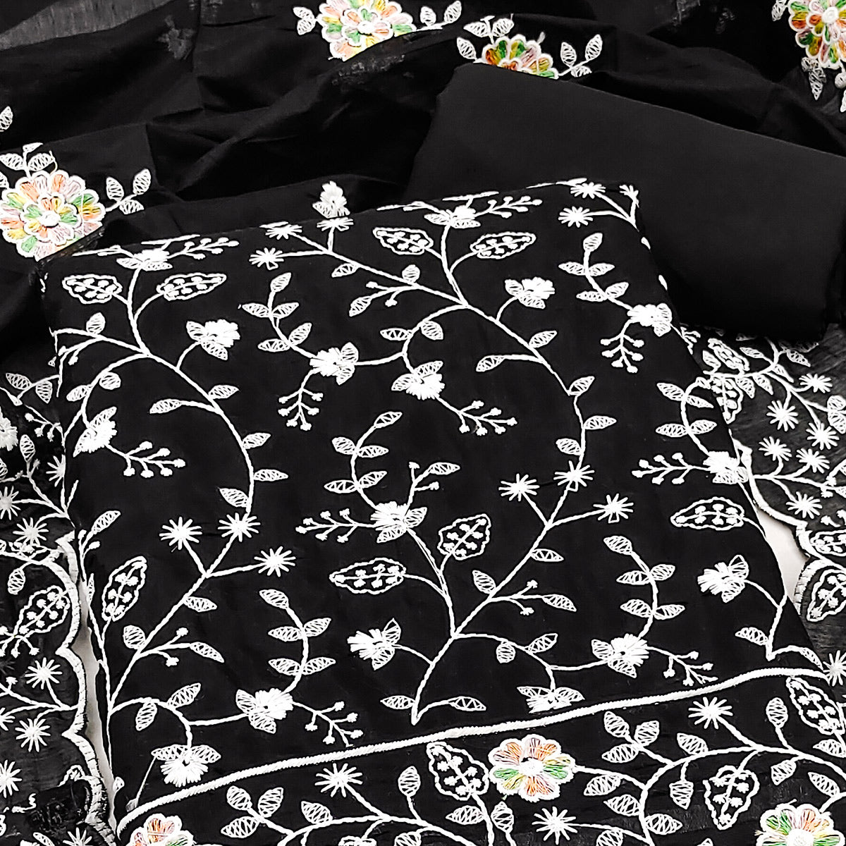 Timeless Black Chanderi Silk Dress Material With Delicate Floral Thread Embroidery