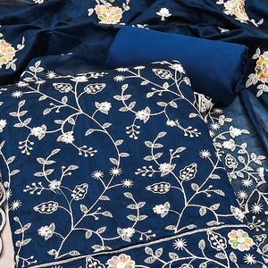 Elegant Blue Chanderi Silk Dress Material Adorned With Graceful Floral Thread Embroidery