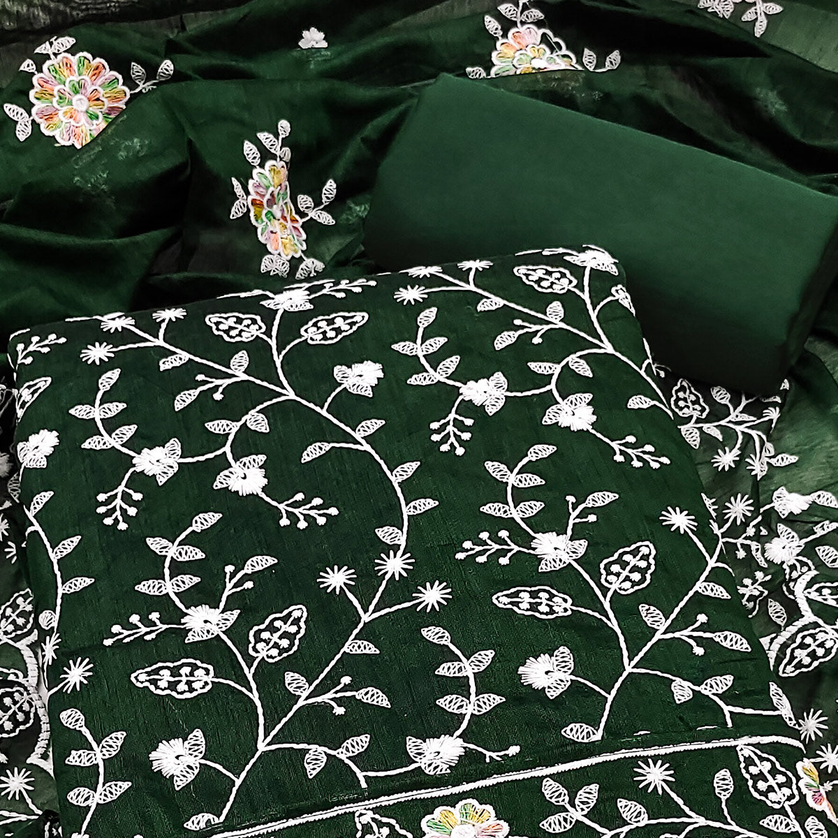 Regal Bottle Green Chanderi Silk Dress Material With Intricate Floral Thread Embroidery